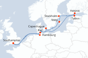 Carte de l'itinéraire de croisière Southampton-Southampton d'une durée de 14 jours