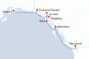 Carte de l'itinéraire de croisière Seward-Vancouver d'une durée de 7 jours