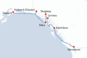 Carte de l'itinéraire de croisière Vancouver-Seward d'une durée de 7 jours