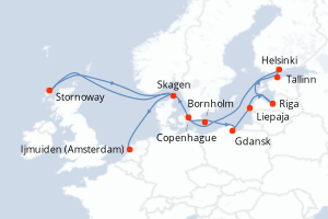 Carte de l'itinéraire de croisière Copenhague-Ijmuiden (Amsterdam) d'une durée de 12 jours