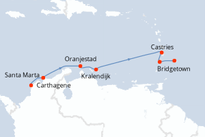 Carte de l'itinéraire de croisière Carthagene-Bridgetown d'une durée de 9 jours