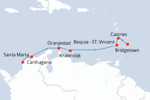 Carte de l'itinéraire de croisière Bridgetown-Carthagene d'une durée de 9 jours