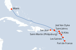 Carte de l'itinéraire de croisière Miami-San Juan d'une durée de 10 jours