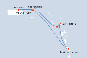 Carte de l'itinéraire de croisière San Juan-San Juan d'une durée de 7 jours