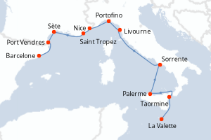 Carte de l'itinéraire de croisière La Valette-Barcelone d'une durée de 11 jours