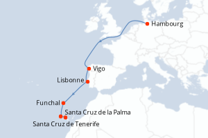 Carte de l'itinéraire de croisière Hambourg-Santa Cruz de Tenerife d'une durée de 9 jours