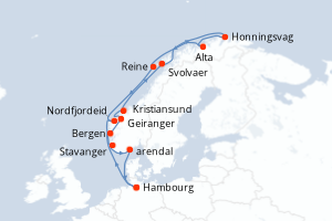 Carte de l'itinéraire de croisière Hambourg-Hambourg d'une durée de 15 jours