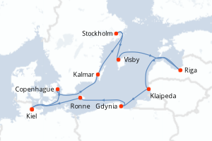 Carte de l'itinéraire de croisière Kiel-Kiel d'une durée de 12 jours