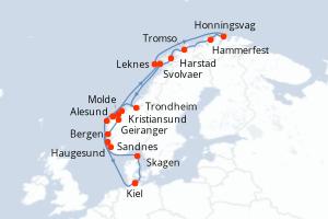 Carte de l'itinéraire de croisière Kiel-Kiel d'une durée de 15 jours
