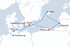 Carte de l'itinéraire de croisière Kiel-Hambourg d'une durée de 8 jours