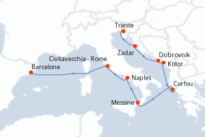 Carte de l'itinéraire de croisière Trieste-Barcelone d'une durée de 10 jours