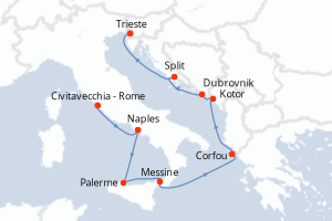 Carte de l'itinéraire de croisière Civitavecchia - Rome-Trieste d'une durée de 10 jours