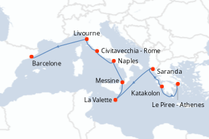 Carte de l'itinéraire de croisière Le Piree - Athenes-Barcelone d'une durée de 10 jours