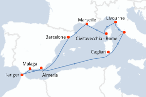 Carte de l'itinéraire de croisière Barcelone-Barcelone d'une durée de 11 jours