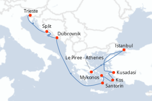 Carte itinéraire croisière Italie, Croatie, Turquie, Grèce - 11 jours au départ de Trieste - Méditerranée
