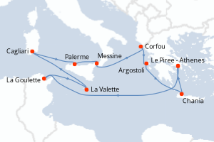 Carte de l'itinéraire de croisière Le Piree - Athenes-Le Piree - Athenes d'une durée de 14 jours