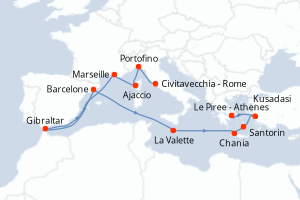 Carte de l'itinéraire de croisière Civitavecchia - Rome-Le Piree - Athenes d'une durée de 14 jours