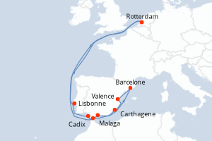 Carte itinéraire croisière Pays-Bas, Portugal, Espagne, Royaume-Uni - 15 jours au départ de Rotterdam - Europe du Nord