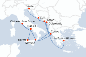 Carte de l'itinéraire de croisière Le Piree - Athenes-Trieste d'une durée de 17 jours