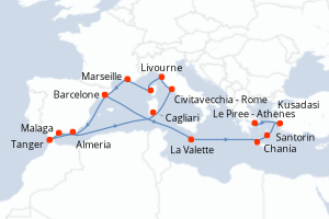 Carte de l'itinéraire de croisière Barcelone-Le Piree - Athenes d'une durée de 18 jours