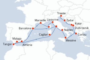 Carte de l'itinéraire de croisière Trieste-Barcelone d'une durée de 21 jours