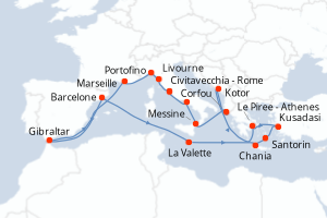 Carte de l'itinéraire de croisière Civitavecchia - Rome-Civitavecchia - Rome d'une durée de 21 jours
