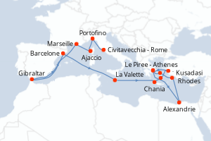 Carte de l'itinéraire de croisière Civitavecchia - Rome-Le Piree - Athenes d'une durée de 21 jours
