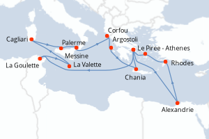Carte de l'itinéraire de croisière Le Piree - Athenes-Le Piree - Athenes d'une durée de 21 jours