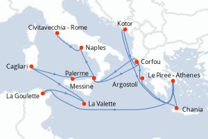Carte de l'itinéraire de croisière Le Piree - Athenes-Civitavecchia - Rome d'une durée de 21 jours