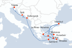 Carte de l'itinéraire de croisière Trieste-Le Piree - Athenes d'une durée de 21 jours