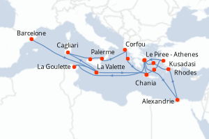 Carte de l'itinéraire de croisière Barcelone-Le Piree - Athenes d'une durée de 28 jours