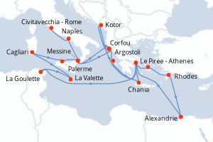 Carte de l'itinéraire de croisière Le Piree - Athenes-Civitavecchia - Rome d'une durée de 28 jours