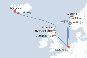 Carte de l'itinéraire de croisière Reykjavik-Rotterdam d'une durée de 14 jours