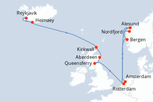 Carte de l'itinéraire de croisière Reykjavik-Amsterdam d'une durée de 14 jours