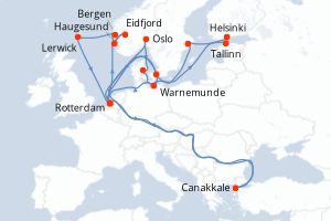 Carte de l'itinéraire de croisière Rotterdam-Rotterdam d'une durée de 21 jours