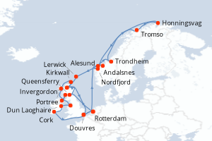 Carte de l'itinéraire de croisière Rotterdam-Rotterdam d'une durée de 28 jours