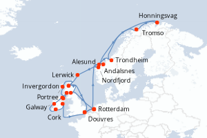 Carte de l'itinéraire de croisière Rotterdam-Rotterdam d'une durée de 28 jours