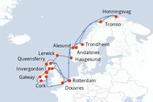Carte de l'itinéraire de croisière Rotterdam-Rotterdam d'une durée de 28 jours