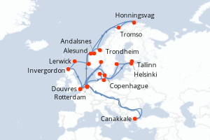 Carte de l'itinéraire de croisière Rotterdam-Rotterdam d'une durée de 28 jours