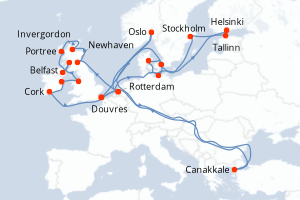 Carte de l'itinéraire de croisière Douvres-Douvres d'une durée de 28 jours
