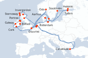 Carte de l'itinéraire de croisière Rotterdam-Rotterdam d'une durée de 28 jours