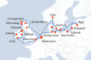 Carte de l'itinéraire de croisière Amsterdam-Rotterdam d'une durée de 28 jours