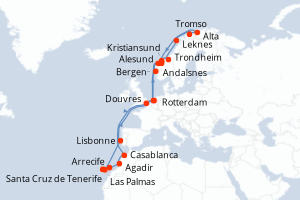 Carte de l'itinéraire de croisière Rotterdam-Rotterdam d'une durée de 28 jours