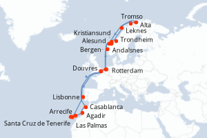 Carte de l'itinéraire de croisière Douvres-Rotterdam d'une durée de 29 jours