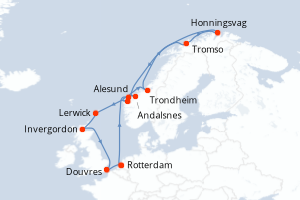 Carte de l'itinéraire de croisière Rotterdam-Rotterdam d'une durée de 14 jours