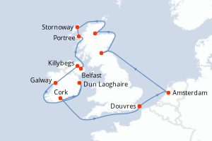 Carte de l'itinéraire de croisière Douvres-Douvres d'une durée de 14 jours