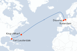 Carte de l'itinéraire de croisière Fort Lauderdale-Rotterdam d'une durée de 13 jours