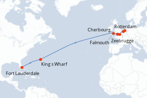 Carte de l'itinéraire de croisière Rotterdam-Fort Lauderdale d'une durée de 14 jours
