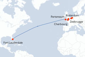 Carte de l'itinéraire de croisière Rotterdam-Fort Lauderdale d'une durée de 14 jours