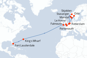 Carte de l'itinéraire de croisière Fort Lauderdale-Rotterdam d'une durée de 22 jours